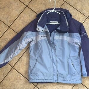 Columbia Womens XL ski winter coat blue multi pattern neck toggles